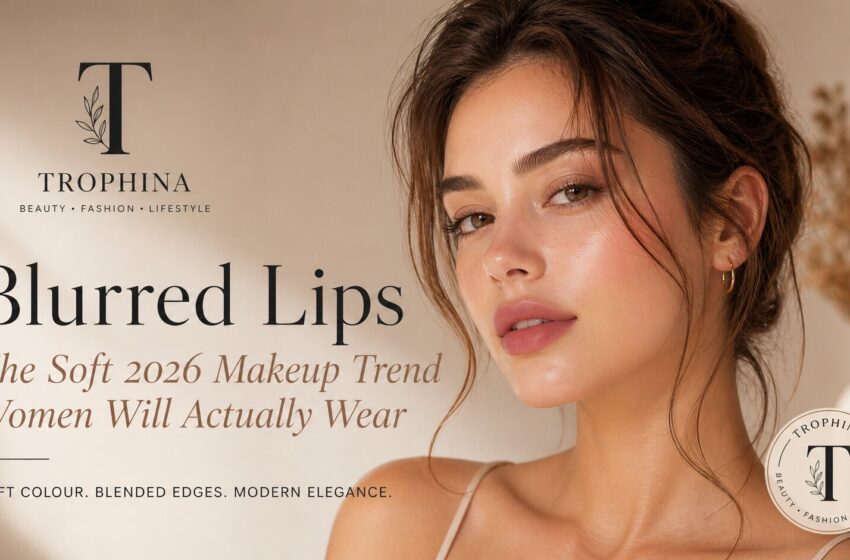 Beautiful woman with blurred lips makeup, glowing skin and an elegant soft 2026 beauty look