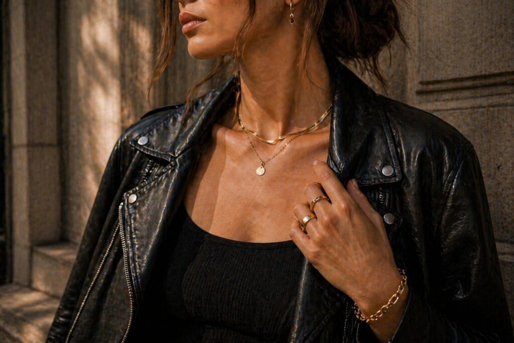 leather jacket outfit details gold jewelry minimalist street style women 2026