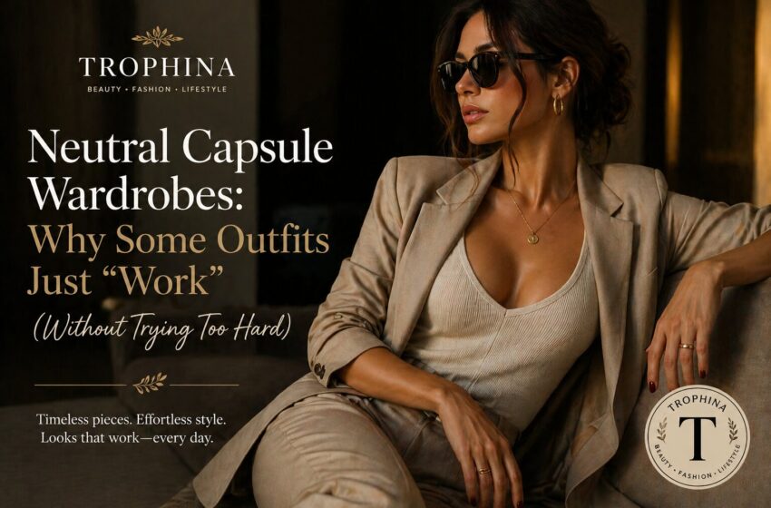 neutral capsule wardrobe outfits women elegant beige blazer minimalist fashion style TROPHINA
