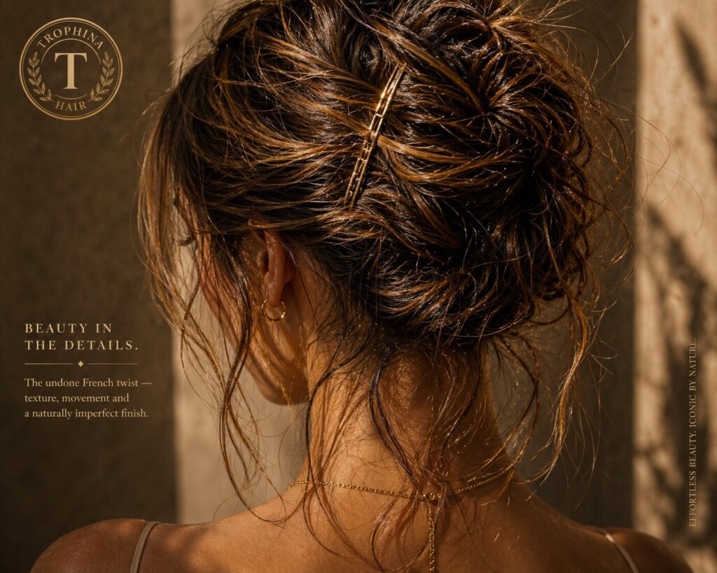 undone french twist hairstyle close up messy textured hair detail 2026 woman