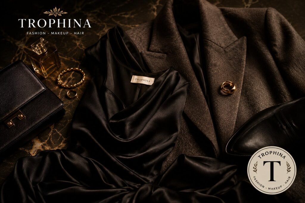 Luxury textures for aligned couple dressing including black satin, soft wool, polished leather, subtle jewellery and the TROPHINA