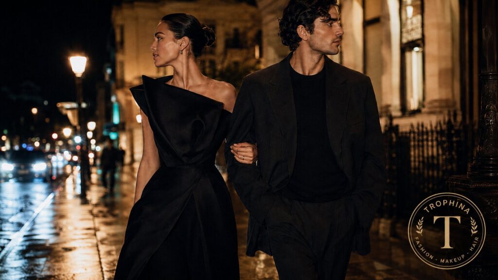 Aligned couple dressing with a stylish couple in modern luxury eveningwear,