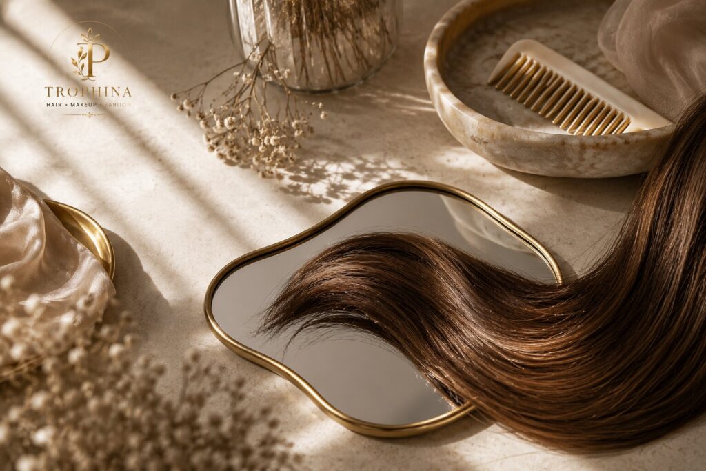 Luxury beauty still life with glossy brunette hair, gold mirror and quiet luxury haircare aesthetic