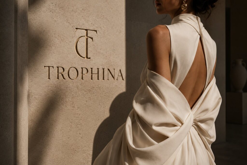 architectural fashion editorial with sculptural ivory dress and Trophina luxury branding
