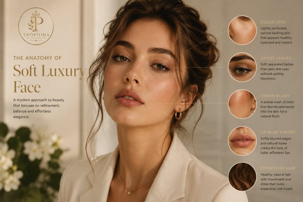 The anatomy of Soft Luxury Face featuring cloud skin ghost lashes lip blur lips and effortless hair